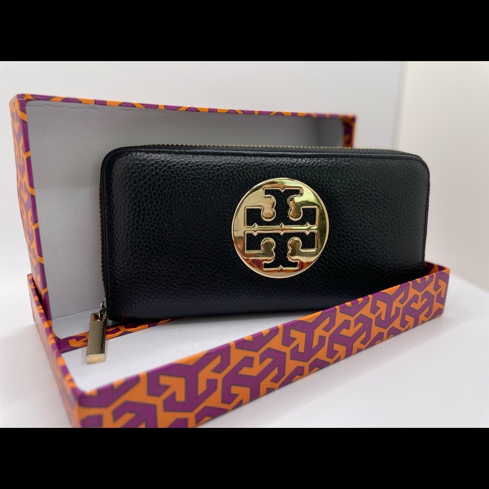 Tory Burch | Black Leather Continental Accordion Zip Wallet w/ Gold Hardware EUC